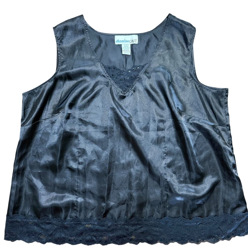 Vintage 90s Denim 24/7 Black Satin Lace Sequin Top Size 20